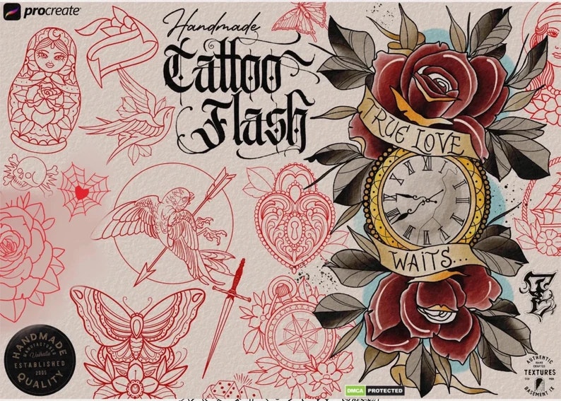 Procreate - Traditional vol.1,2 & 3, 300+ designs drawn by hand, tattoo flash art, tattoo reference bundle, outlined tattoo designs!
