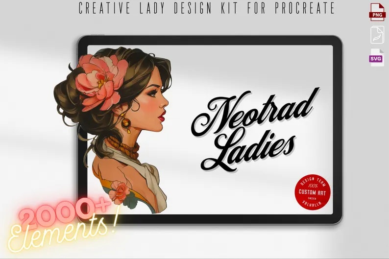 Neo-Traditional Lady Design Kit, Procreate stamps, Svg files, Png files, 2000+ elements, Tattoo flash, Tattoo references, studio quality