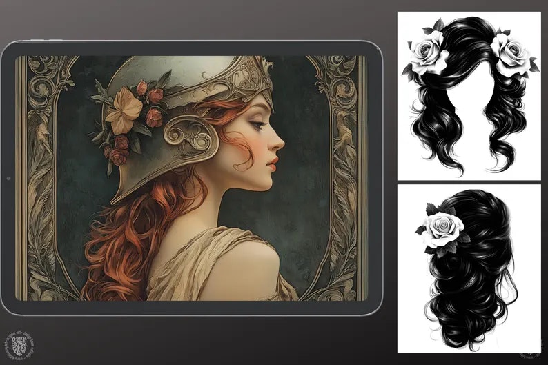 Neo-Traditional Lady Design Kit, Procreate stamps, Svg files, Png files, 2000+ elements, Tattoo flash, Tattoo references, studio quality