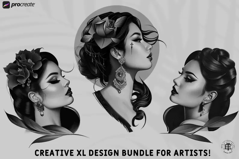 Neo-Traditional Lady Design Kit, Procreate stamps, Svg files, Png files, 2000+ elements, Tattoo flash, Tattoo references, studio quality