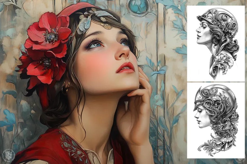 Neo-Traditional Lady Design Kit, Procreate stamps, Svg files, Png files, 2000+ elements, Tattoo flash, Tattoo references, studio quality