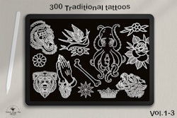 Procreate - Traditional vol.1,2 & 3, 300+ designs drawn by hand, tattoo flash art, tattoo reference bundle, outlined tattoo designs!