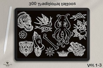 Procreate - Traditional vol.1,2 & 3, 300+ designs drawn by hand, tattoo flash art, tattoo reference bundle, outlined tattoo designs!