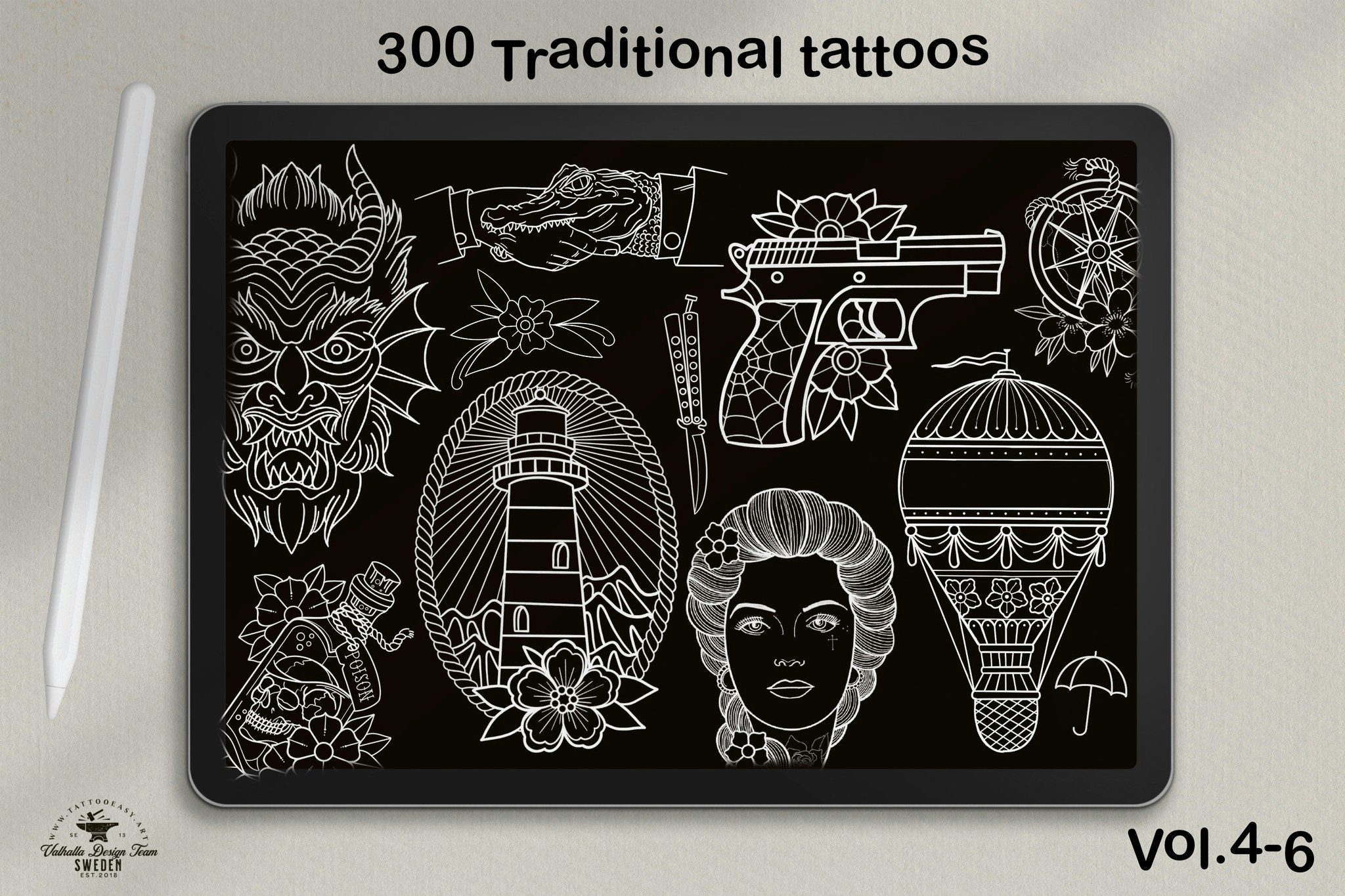 Procreate, 300+ traditional tattoos vol.4,5 & 6, tattoo flash, outlined tattoo ideas, hand drawn art