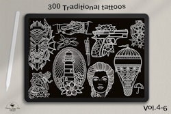 Procreate, 300+ traditional tattoos vol.4,5 & 6, tattoo flash, outlined tattoo ideas, hand drawn art