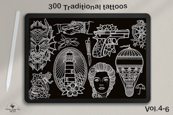 Procreate, 300+ traditional tattoos vol.4,5 & 6, tattoo flash, outlined tattoo ideas, hand drawn art