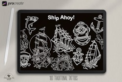 Procreate, Ship Ahoy! 100 tattos, outlined tattoo ideas, hand drawn art