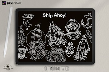 Procreate, Ship Ahoy! 100 tattos, outlined tattoo ideas, hand drawn art