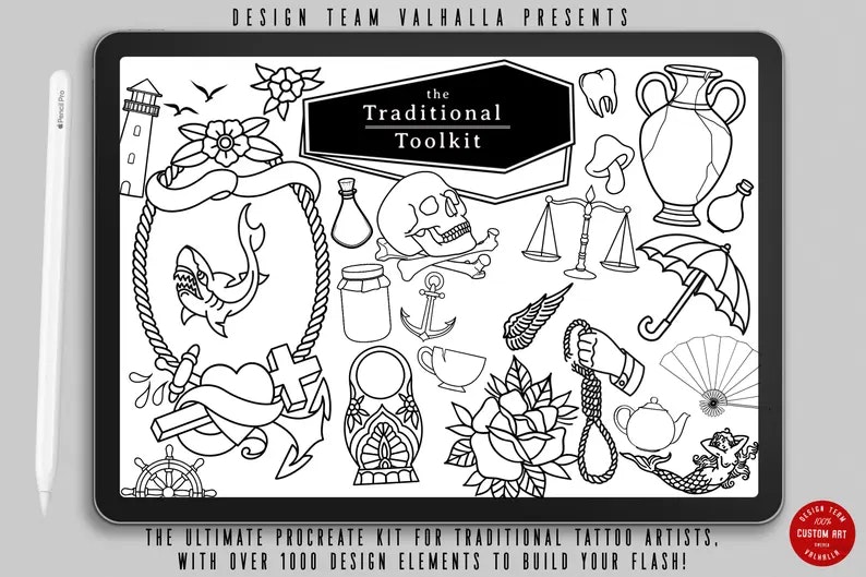 The Traditional Toolkit 1000+, Creative Procreate tattoo design kit for artists, Procreate Tattoo art, tattoo design bundle, tattoo artists
