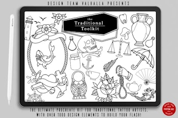 The Traditional Toolkit 1000+, Creative Procreate tattoo design kit for artists, Procreate Tattoo art, tattoo design bundle, tattoo artists