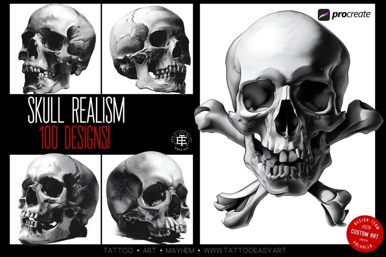 Skull Realism, 100 custom made designs, skull tattoo flash, procreate tattoo stamps, custom art, skull design bundle