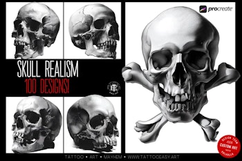 Skull Realism, 100 custom made designs, skull tattoo flash, procreate tattoo stamps, custom art, skull design bundle