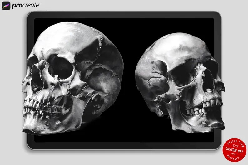 Skull Realism, 100 custom made designs, skull tattoo flash, procreate tattoo stamps, custom art, skull design bundle