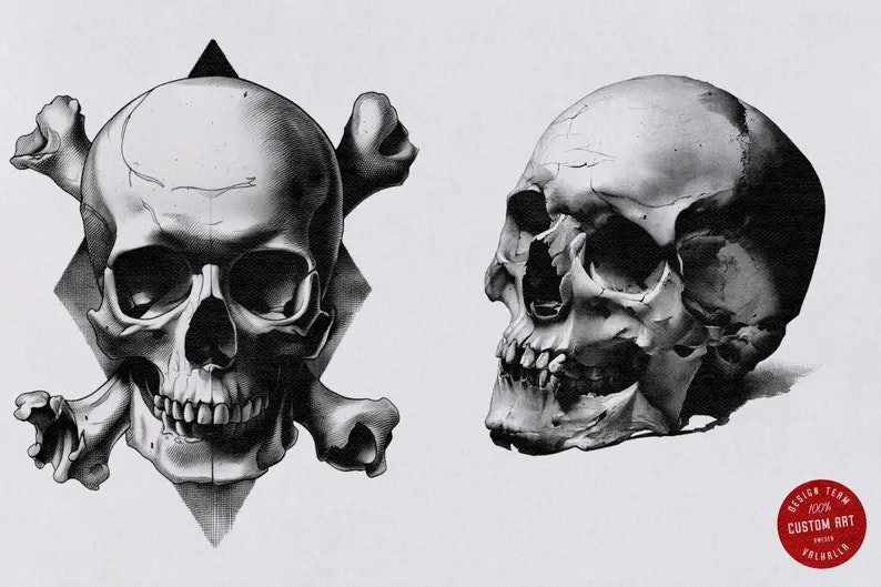 Skull Realism, 100 custom made designs, skull tattoo flash, procreate tattoo stamps, custom art, skull design bundle
