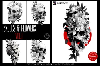 Skulls & Flowers, 120+ custom made designs, skull tattoo flash, procreate tattoo stamps, custom art, skull design bundle