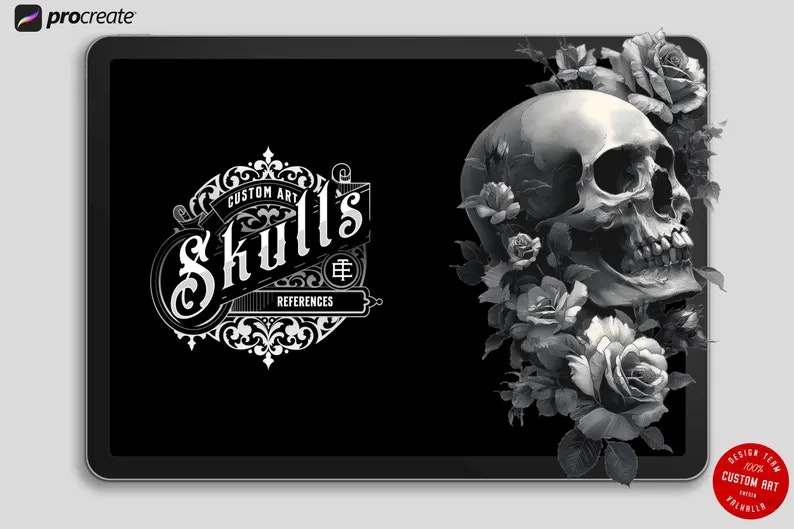 Skulls & Flowers, 120+ custom made designs, skull tattoo flash, procreate tattoo stamps, custom art, skull design bundle
