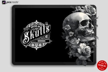 Skulls & Flowers, 120+ custom made designs, skull tattoo flash, procreate tattoo stamps, custom art, skull design bundle