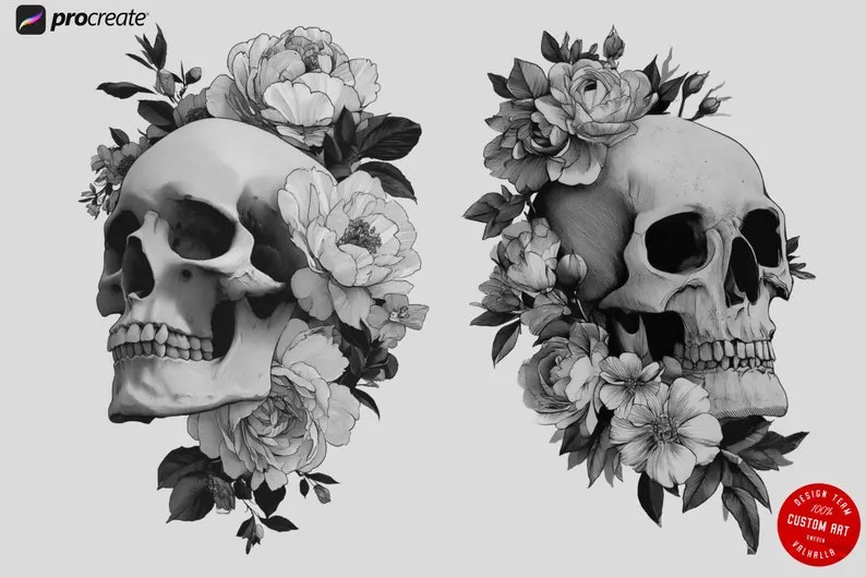 Skulls & Flowers, 120+ custom made designs, skull tattoo flash, procreate tattoo stamps, custom art, skull design bundle