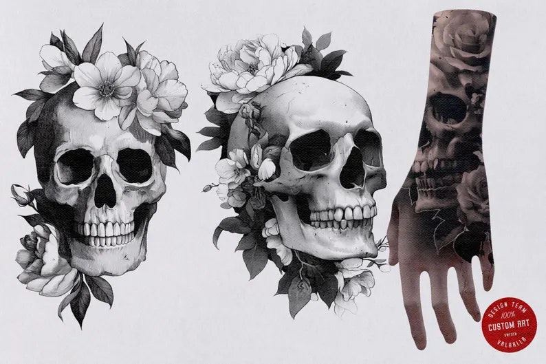 Skulls & Flowers, 120+ custom made designs, skull tattoo flash, procreate tattoo stamps, custom art, skull design bundle
