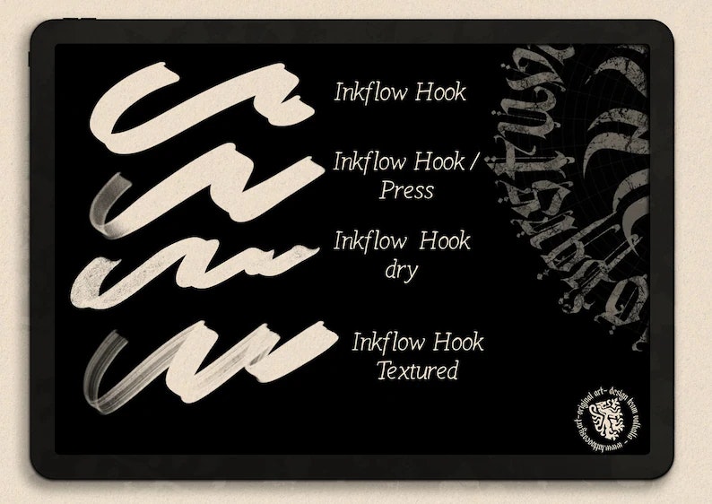 InkFlow Blackletter brushes + alphabet, calligraffiti brushes, gothic calligraphy for procreate, tattoo brushes