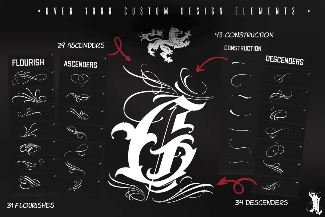 Procreate, Custom Tattoo Lettering Vol.2 / XL bundle 1000+ design elements for Procreate