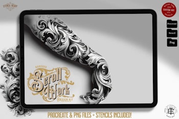 Baroque Scroll Work, custom made design kit, Png + Procreate, Stencils included! free to use for tattoo work and references!