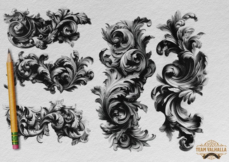 Baroque Scroll Work, custom made design kit, Png + Procreate, Stencils included! free to use for tattoo work and references!
