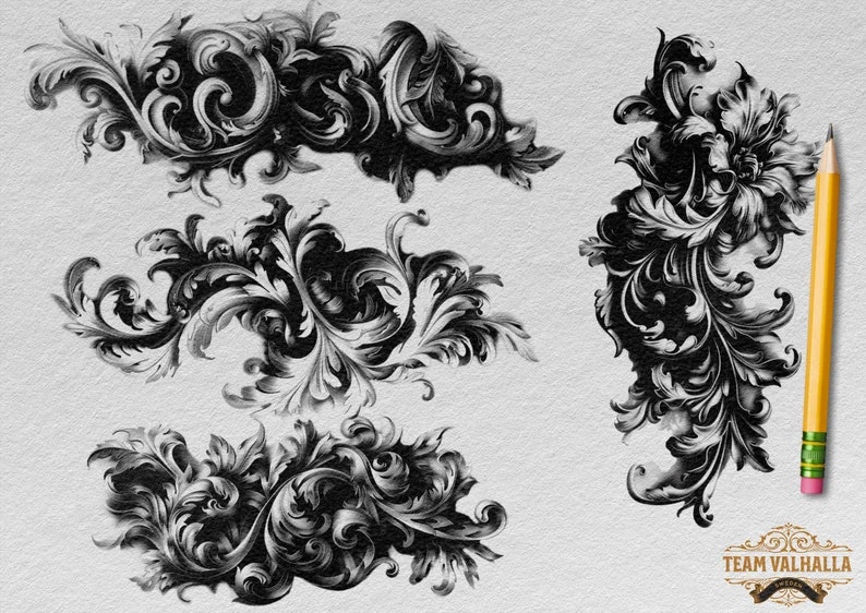 Baroque Scroll Work, custom made design kit, Png + Procreate, Stencils included! free to use for tattoo work and references!