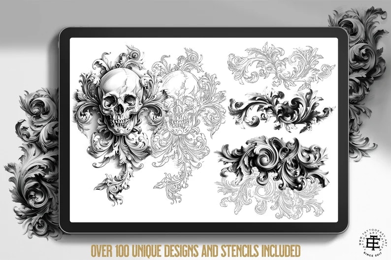 Baroque Scroll Work, custom made design kit, Png + Procreate, Stencils included! free to use for tattoo work and references!