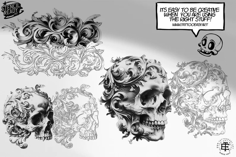 Baroque Scroll Work, custom made design kit, Png + Procreate, Stencils included! free to use for tattoo work and references!