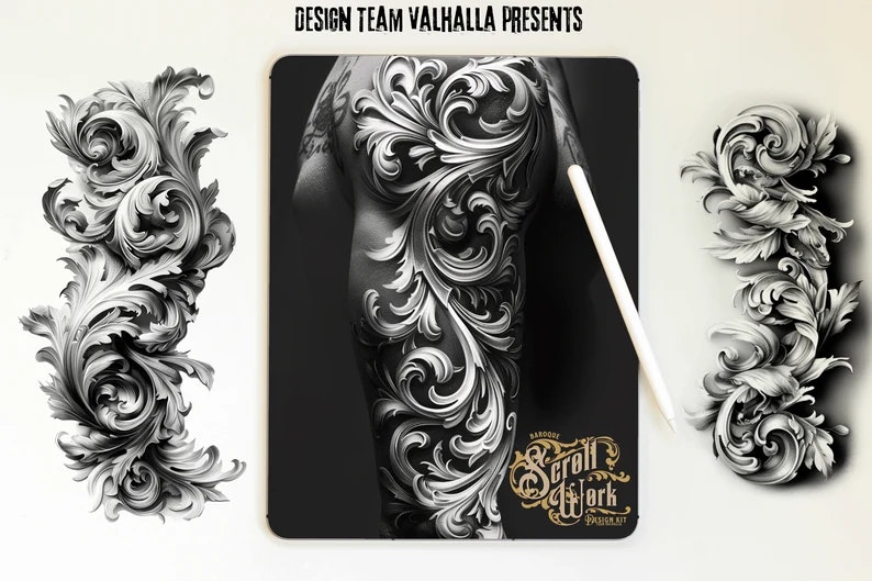 Baroque Scroll Work, custom made design kit, Png + Procreate, Stencils included! free to use for tattoo work and references!