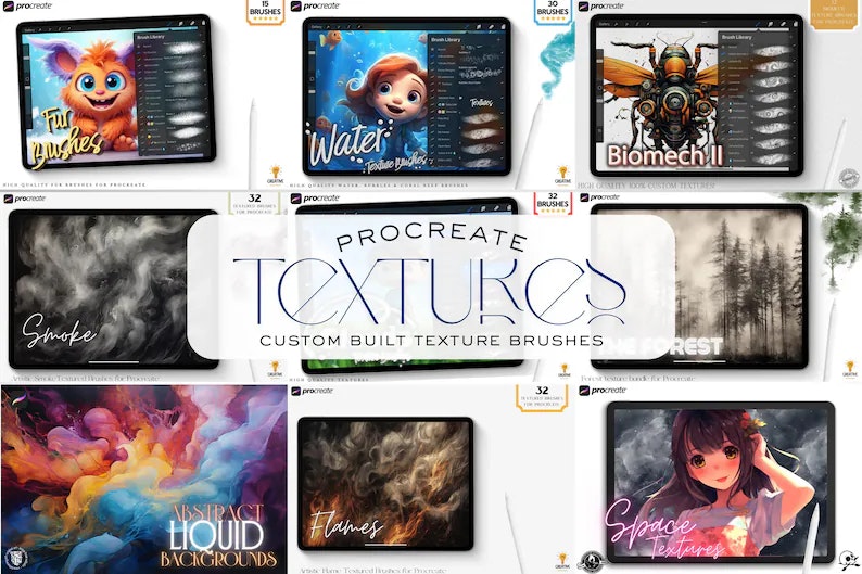 Procreate all the textures, hundreds of custom built textures, original brushes, procreate dynamic texture brushes, 19 bundles in one