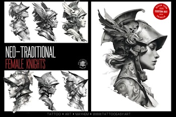 Female knights - neo-traditional templates, Procreate stamps, Tattoo flash art, custom art, 100+ models, Procreate, .svg & .png files