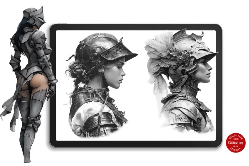 Female knights - neo-traditional templates, Procreate stamps, Tattoo flash art, custom art, 100+ models, Procreate, .svg & .png files