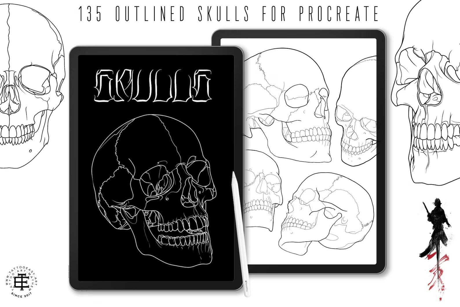 Skull stencil/reference bundle, 135 outlined skulls, tattoo stencils, skull references, procreate stamps, svg skulls, png skull references