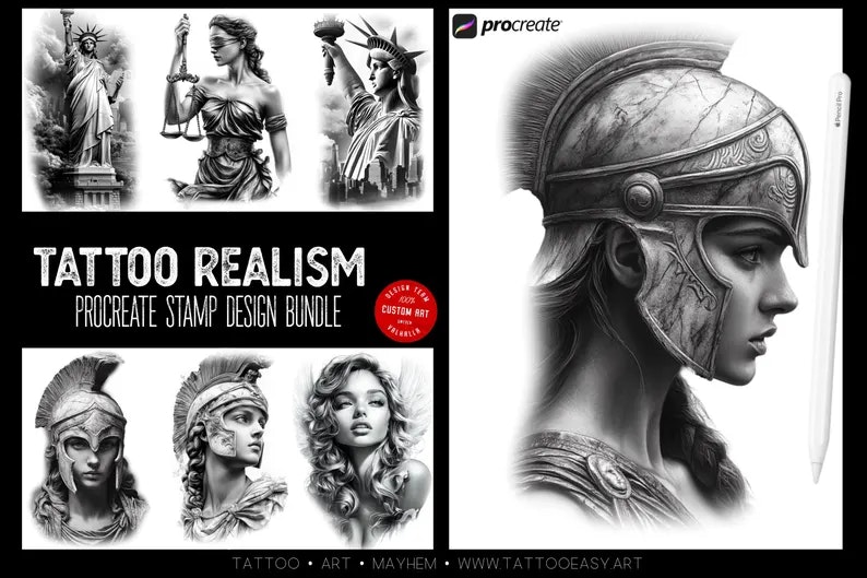 Procreate & Png files ~ 120 custom made references, Tattoo realism / design ideas, Stencil ready design bundle!