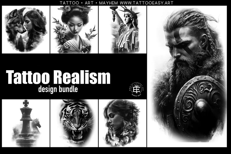 Procreate & Png files ~ 120 custom made references, Tattoo realism / design ideas, Stencil ready design bundle!