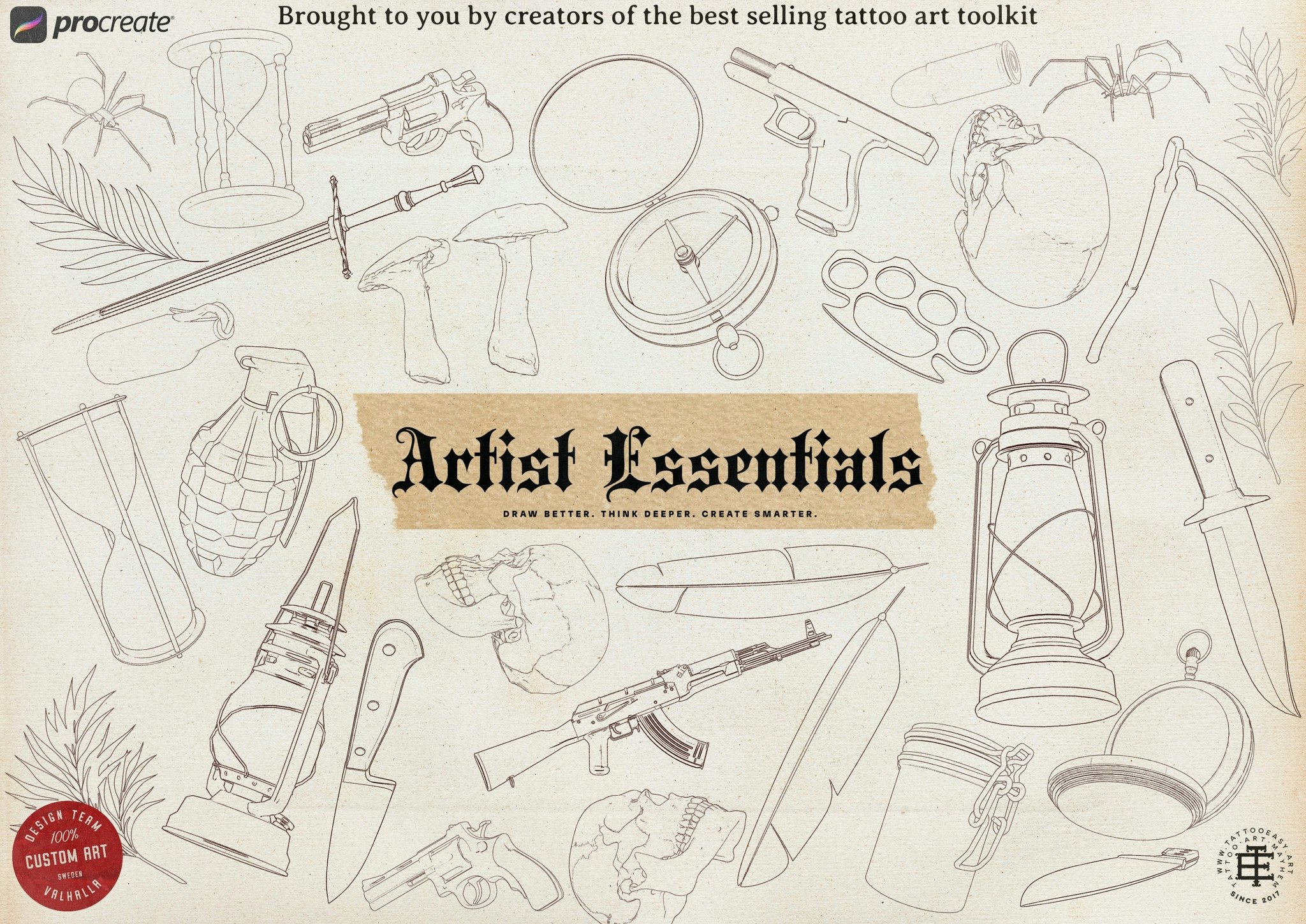 Procreate / The Artist Essentials, custom made design kit,! free to use for tattoo work and references! 800+ elements!