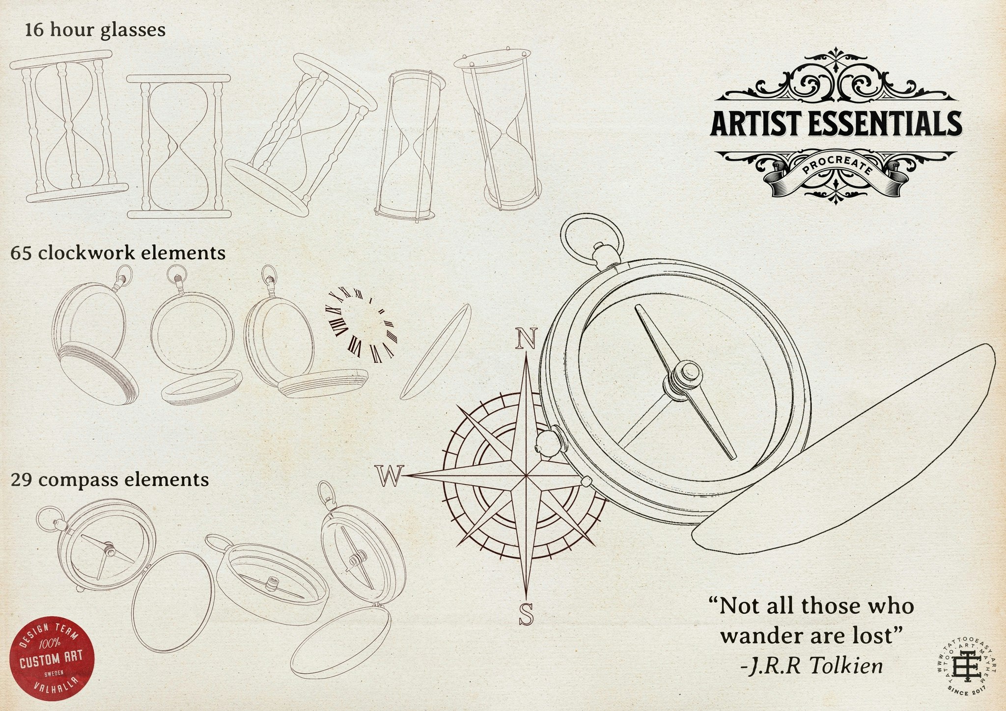 Procreate / The Artist Essentials, custom made design kit,! free to use for tattoo work and references! 800+ elements!