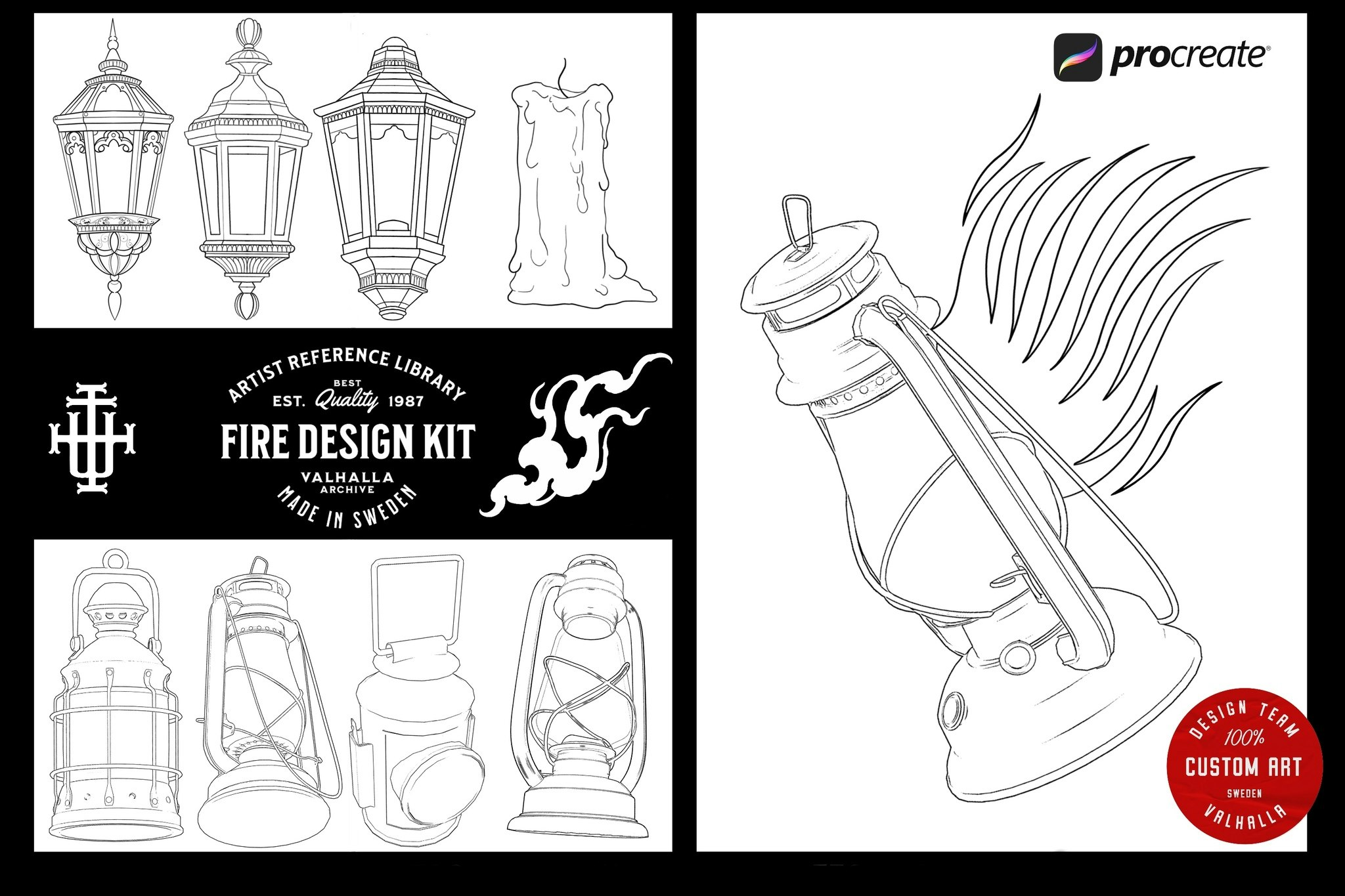 Lamps, Torches, Fire, smoke, candles, decoration and stuff for Procreate, 150~200 elements, The fire design kit