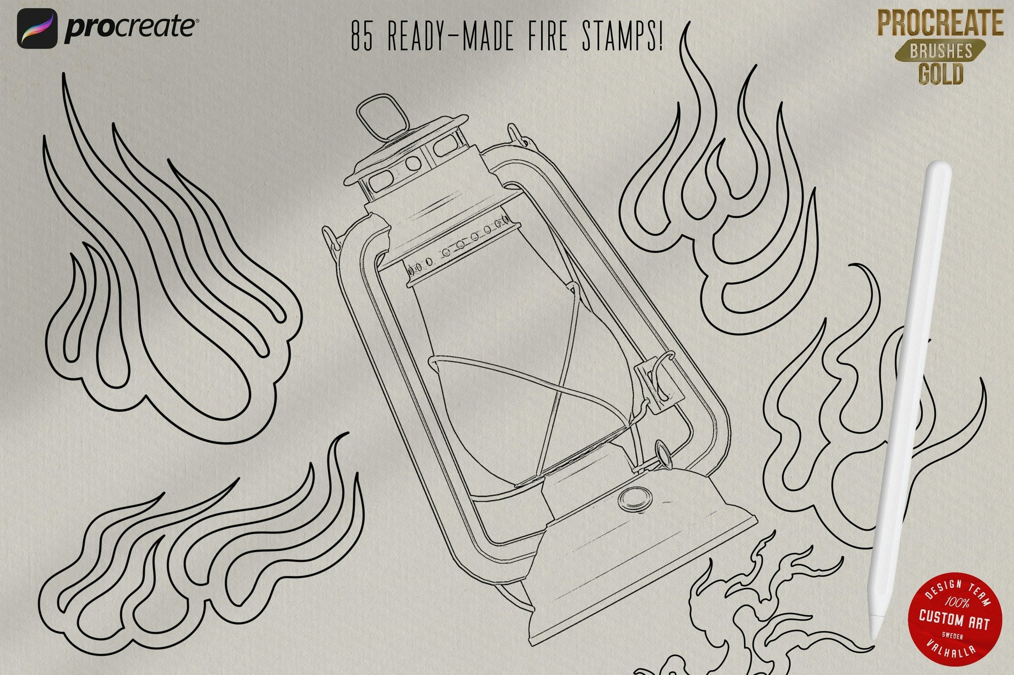Lamps, Torches, Fire, smoke, candles, decoration and stuff for Procreate, 150~200 elements, The fire design kit