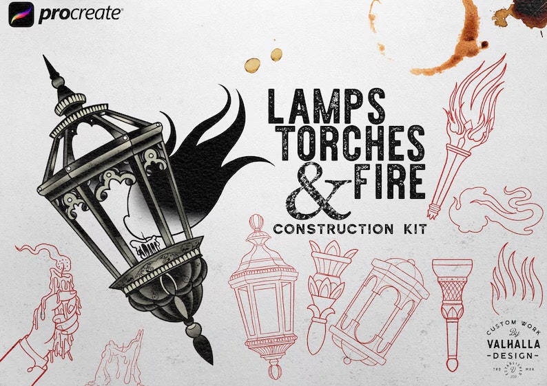 Lamps, Torches, Fire, smoke, candles, decoration and stuff for Procreate, 150~200 elements, The fire design kit