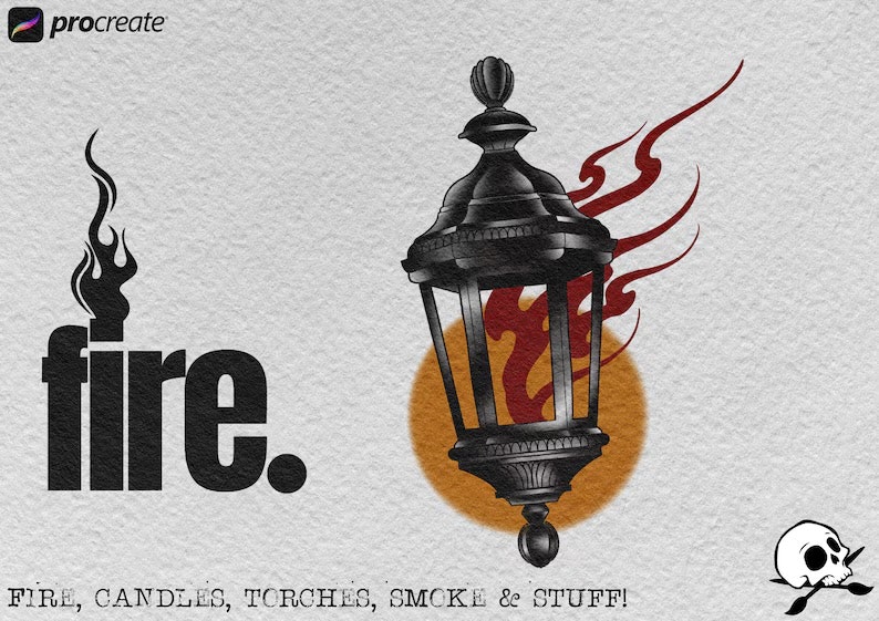Lamps, Torches, Fire, smoke, candles, decoration and stuff for Procreate, 150~200 elements, The fire design kit