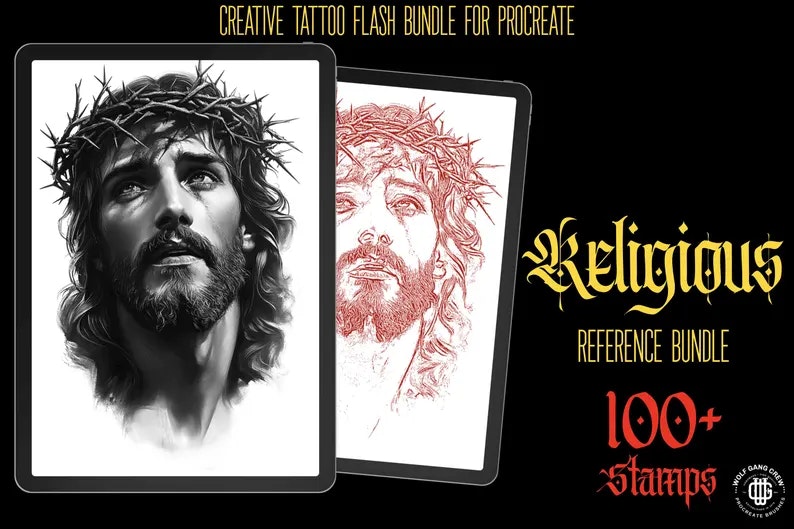 Procreate / Religious Tattoo reference kit, Set 1, 100+ unique religious references, stencils & background design kit, quality custom art