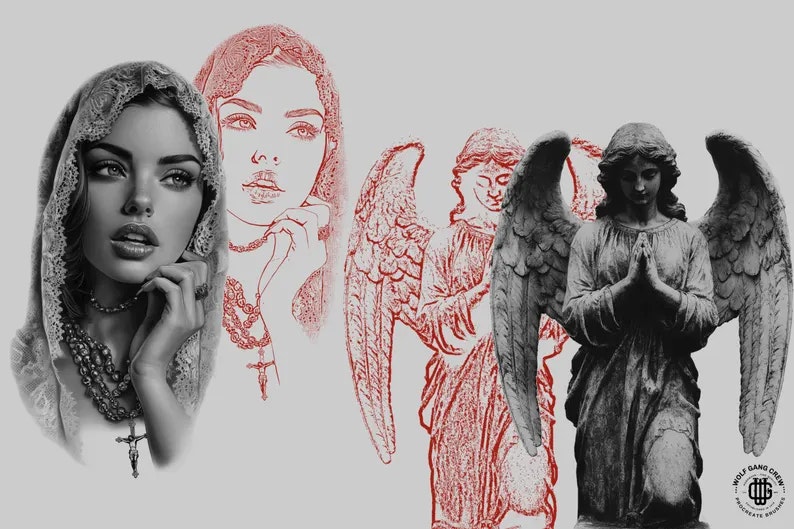 Procreate / Religious Tattoo reference kit, Set 1, 100+ unique religious references, stencils & background design kit, quality custom art