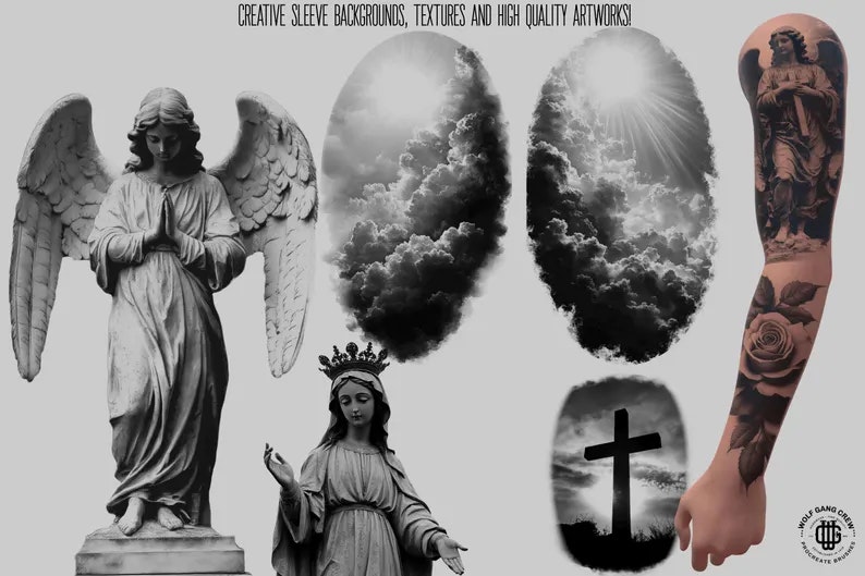 Procreate / Religious Tattoo reference kit, Set 1, 100+ unique religious references, stencils & background design kit, quality custom art