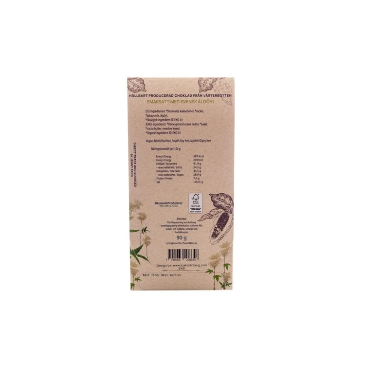 Baksida av älgört choklad från nordic chocolate