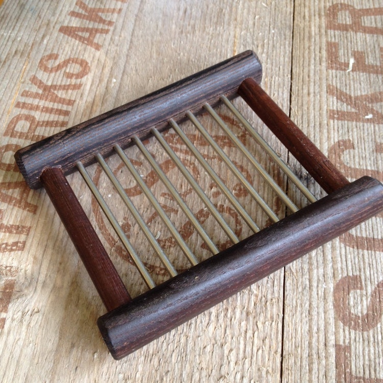Soap dish, heat treated wood & stainless steel