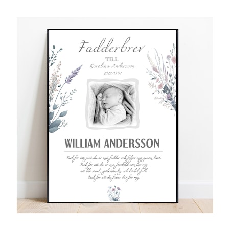 Fadderbrev, dopbrev, fadderbevis sommarblomster med foto