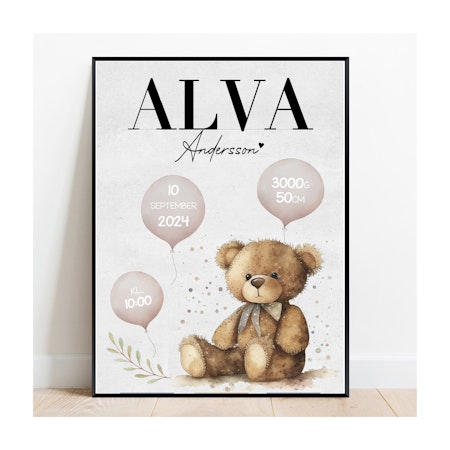 Födelseposter, namntavla, doptavla Söta björnen rosa ballong